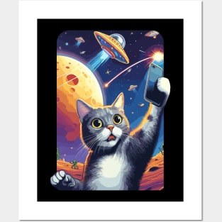 Cute And Funny Cat Selfie With UFOs Behind Posters and Art